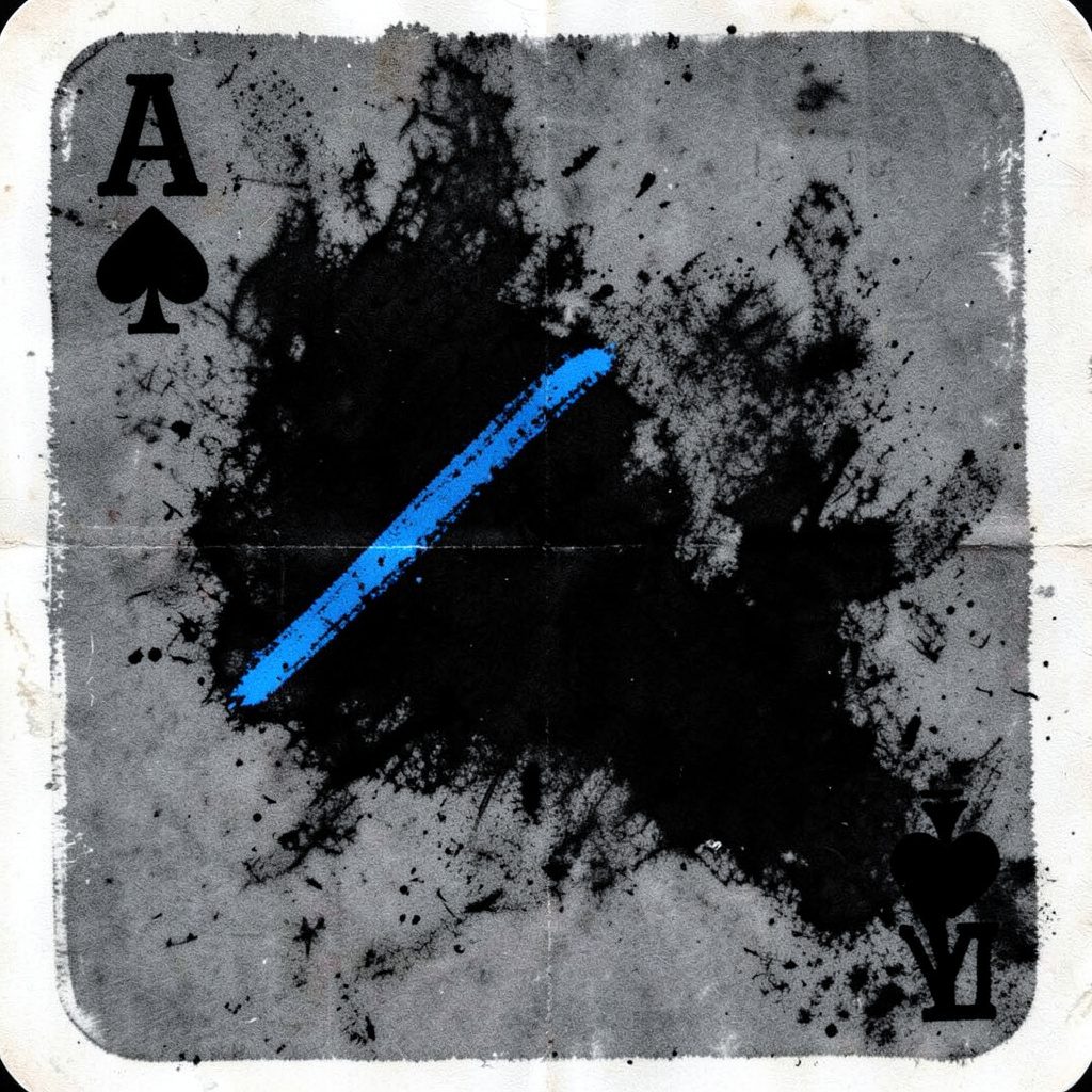 Bold charcoal drawing of a dark casino table background with scattered playing cards, moody black and gray tones
